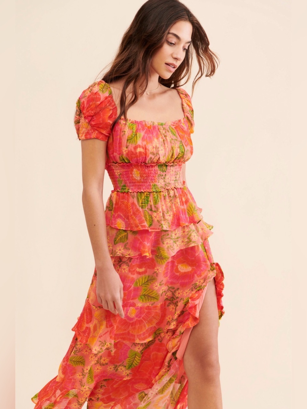 Farm Rio Blooming Floral Maxi Dress Pink Tiered Ruffle Smocked NWT medium